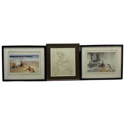 After Rowland Hilder (British 1905-1993): 'In the Days of Sail', mid 20th century print 50cm x 65cm in bird's eye maple frame; two Russell Flint prints, and another Classical print (4)