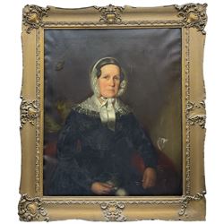 Benjamin Hudson (British c.1823-1900) Half Length Portrait of a Victorian Lady Knitting, oil on canvas signed, housed in heavy gilt frame with moulded cartouche corners 90cm x 74cm