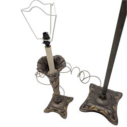 Standard lamp and matching table lamp of art nouveau design, including fittings standard lamp H161cm; together with a glass lamp and pair of table lamps formed as columns, H64cm (5)