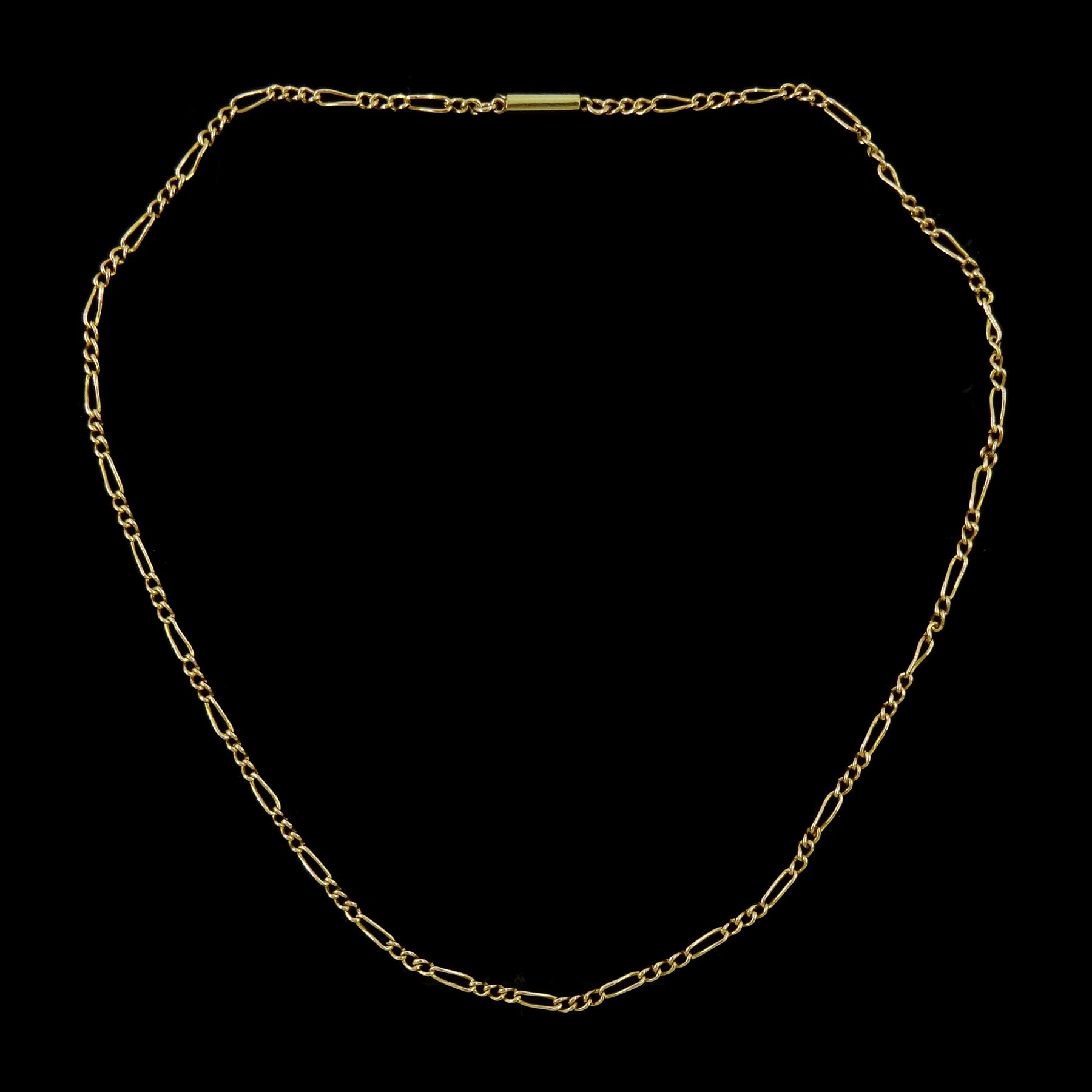 Edwardian 15ct gold fancy link chain necklace, applied plaque stamped 15