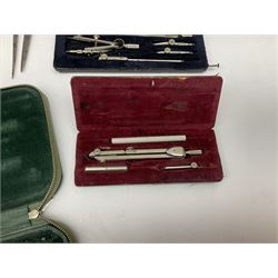 Negretti & Zambra drawing instrument set, the ruler with manuscript name 'F/Sgt. F. Hamilton R.A.F. 194(?)', cased; four other drawing instrument sets by Anker-Precision Germany, EcoBra, Temple etc, all cased; and quantity of loose drawing instruments