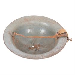 WWII Indian Army steel helmet, with chinstrap, together with Portuguese M30 steel helmet with liner and leather chin strap 