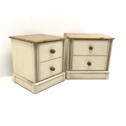 Pair painted pine bedside chests, moulded top, two drawers, plinth base, W61cm, H56cm, D45cm