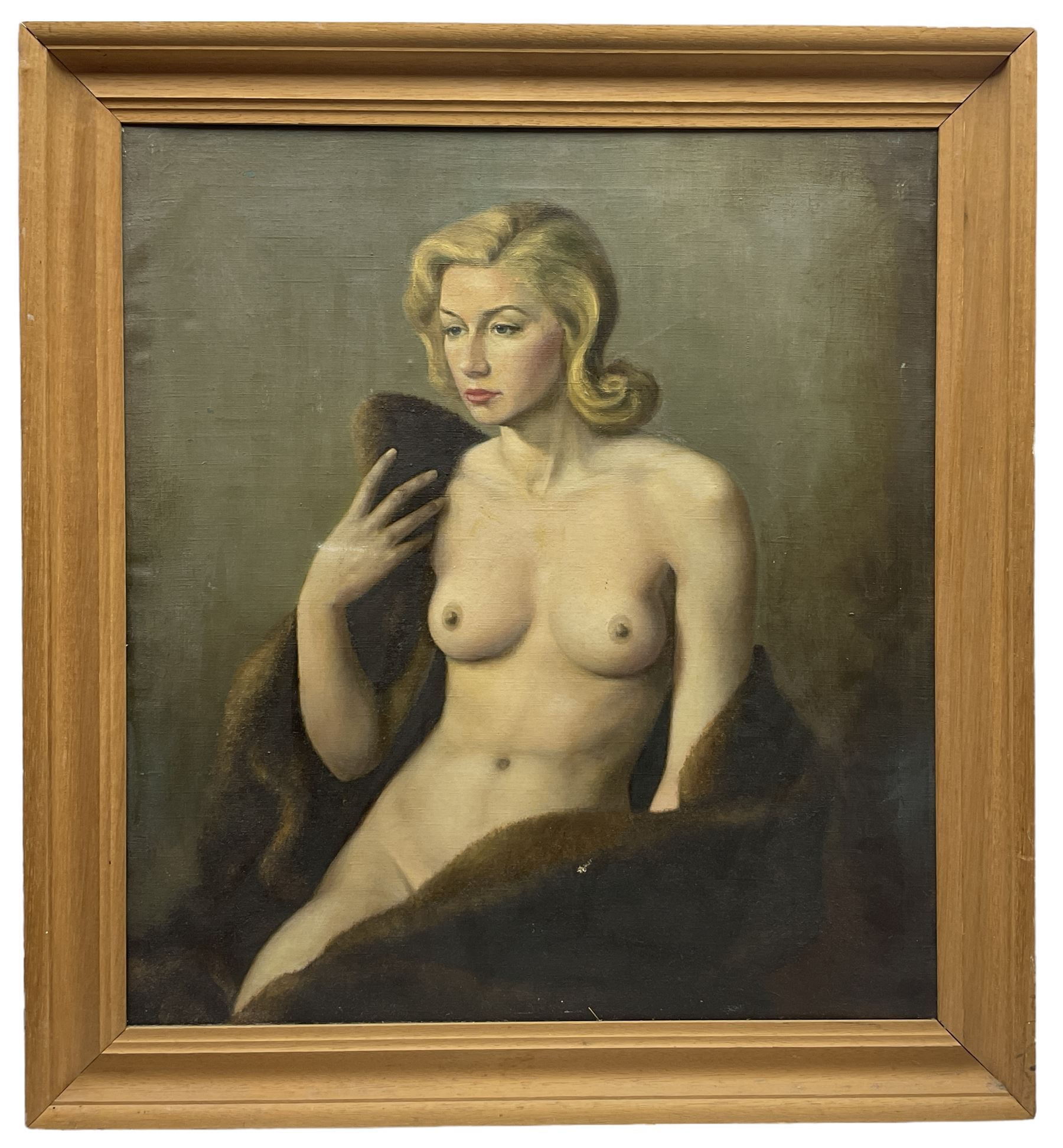 English School (mid 20th century): Half Length Seated Portrait of a Nude 1940's Woman, oil on canvas unsigned 57cm x 51cm