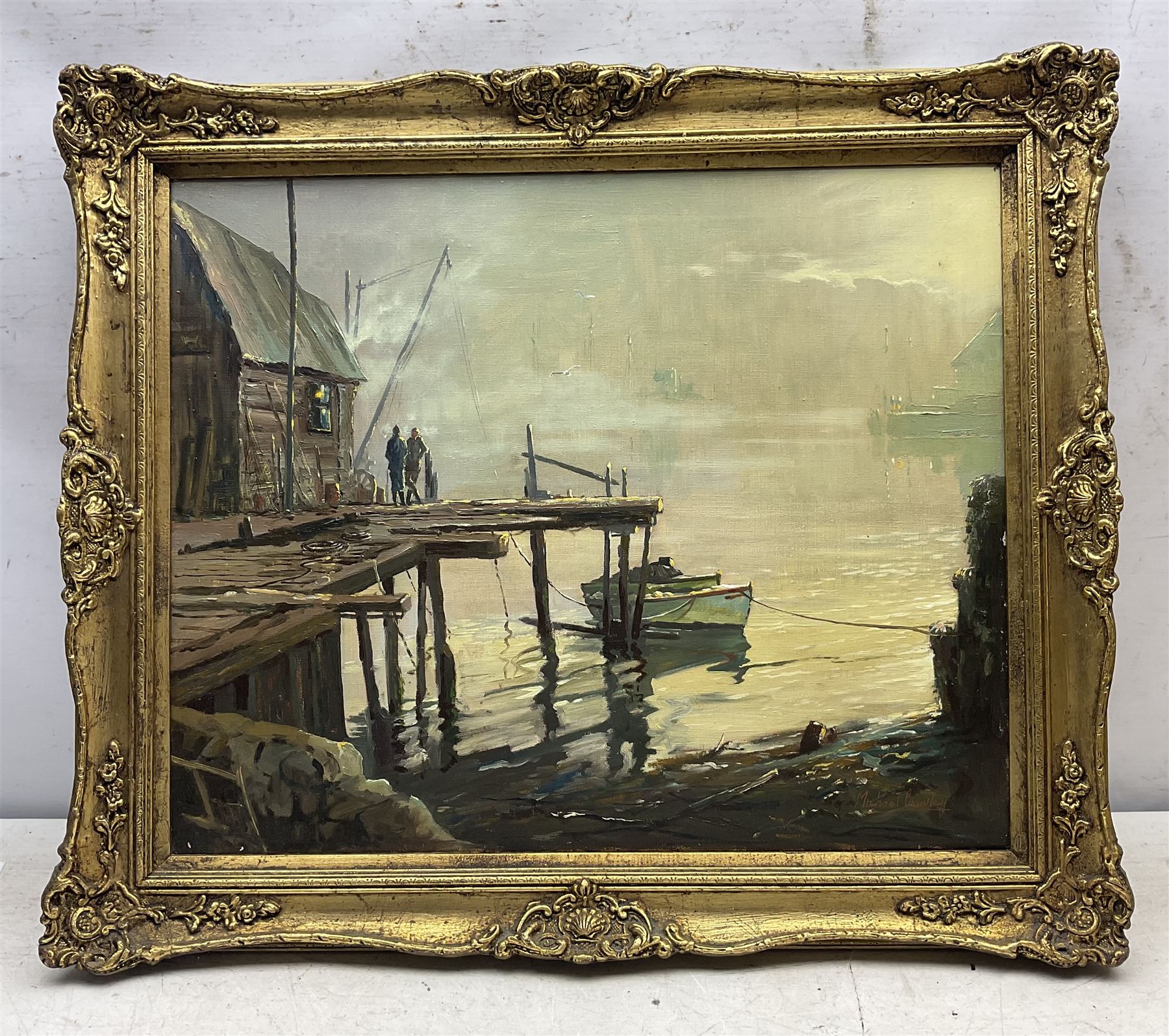 Michael Crawley (British 1938-): The Waterside, oil on canvas signed 45cm x 55cm 