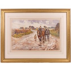 James William Booth (Staithes Group 1867-1953): Leading Horses Down a Lane, watercolour signed and dated 1917, 31cm x 49cm 
