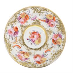 Coalport teawares, circa 1820-1840, comprising set of four trios, coffee cups, teacups and saucers, and slop bowl, decorated in the 830 pattern, with floral sprays and gilt shaped reserves, two further coffee cups and saucers, decorated with floral sprays upon blue grounds/with blue borders, and a similar coffee cup