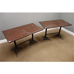  Two rectangular pub/bistro tables on cast metal base, 108cm x 61cm, H71cm  