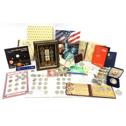 Great British and World coins including United Arab Emirates 1996 silver coin commemorating the 'Twenty-fifth Anniversary of the United Arab Emirates National Day' cased with certificate, Republic of Singapore 1980 uncirculated coin set, United Kingdom 1999 'Rugby World Cup' brilliant uncirculated two pound coin, two incomplete folders containing various United States of America commemorative quarters, Denmark 1999 coin set etc