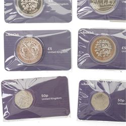 Nine Elizabeth II and Charles III £5 coins, five 50p coins, five Soloman Islands half dollar coins and other coins