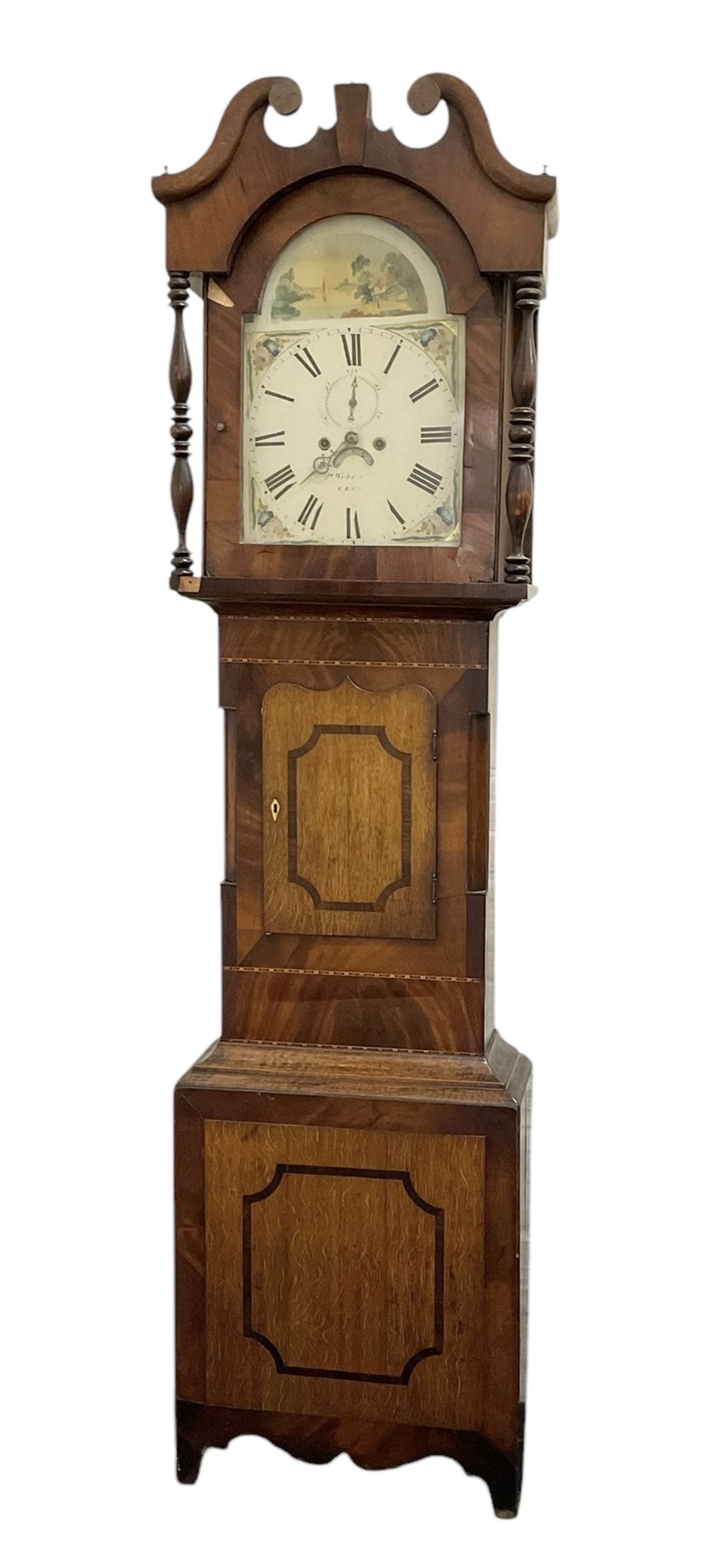Late 19th century- 8-day mahogany and oak longcase clock, with a swan necked pediment and break-arch hood door beneath flanked by ring turned pilasters, broad trunk with canted corners and a short trunk door with crossbanding and a bone escutcheon, conforming plinth with a shaped base, painted dial with floral spandrels and a country scene to the arch, with Roman numerals, seconds dial and date aperture, dial pinned directly to a rack striking movement, striking the hours on a bell. With weights and pendulum.