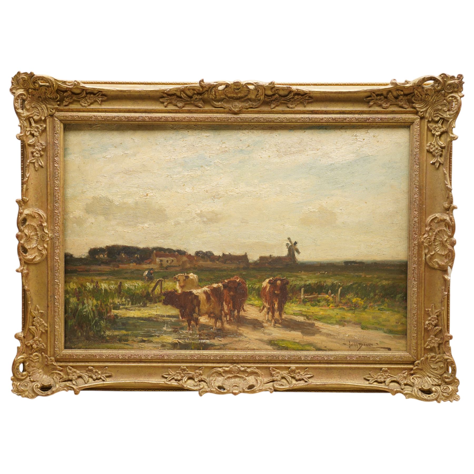 Owen Bowen (Staithes Group 1873-1967): Cattle Watering in the Flatlands with Windmill to the Distance, oil on canvas signed 39cm x 60cm