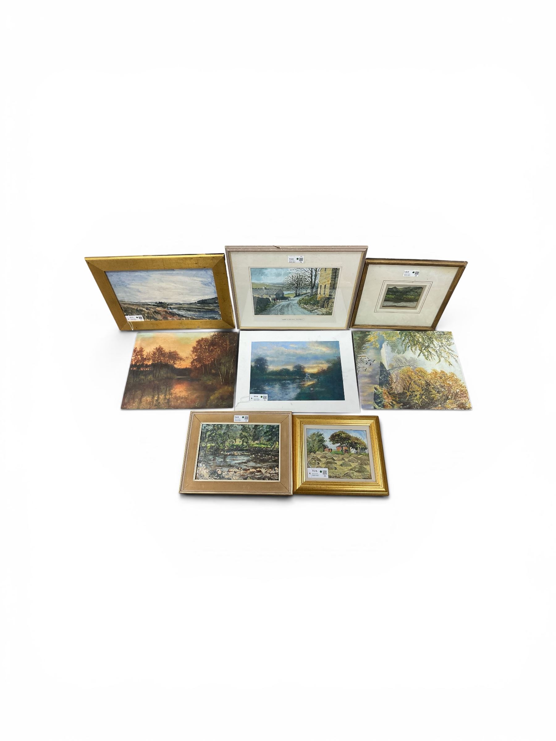 Collection of 20th and 21st Century landscapes, to include Stephen Bewsher (British 1964-): 'Evening Canal - Lymm Cheshire' and English School (20th Century): 'River Nidd', oil and oil pastel variously signed titled and dated max 51cm x 41cm (8) (variously unframed)