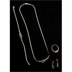 9ct gold diamond and green stone set necklace, bracelet, earrings and ring en-suite, stamped or hallmarked