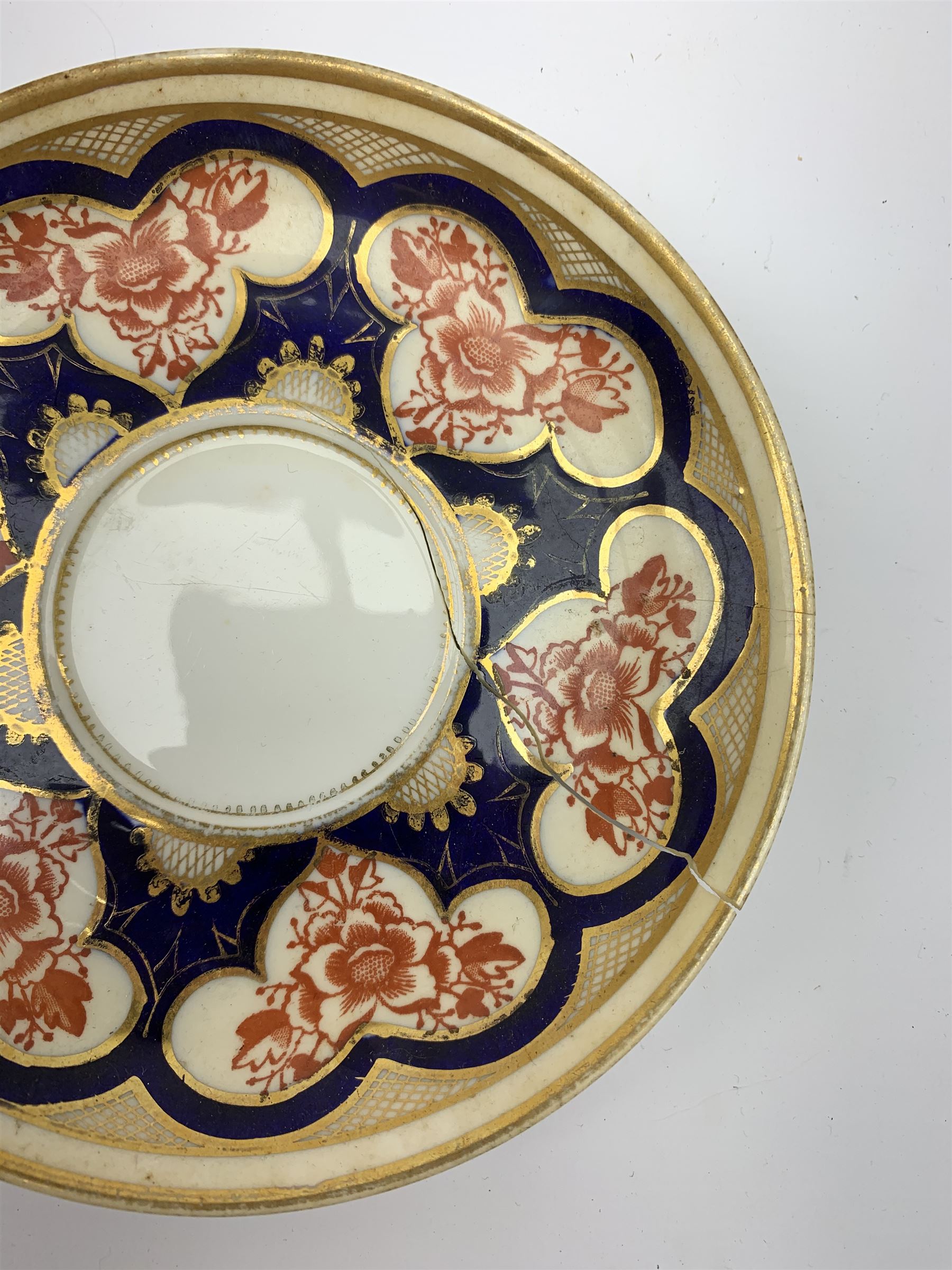 Wileman & Co (Foley) teawares, in the 'Japan' Imari pattern, no 3464, comprising six coffee cans and twelve saucers, eleven side plates, one moustache cup and one saucer, two cake plates, milk jug, and slop bowl. 
