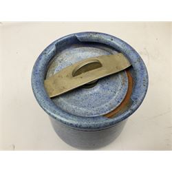 Royal Doulton Stoneware jar with blue mottled glaze and metal swivel patented mechanism to lid, with impressed mark beneath, H15cm

Sending more items, re lot with them