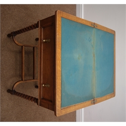  Early 20th century oak folding card table, single drawer, barley twist supports joined by stretchers, 75cm x 62cm, H78cm  