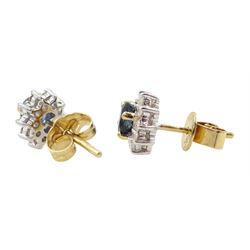 Pair of 14ct white and yellow gold sapphire and diamond cluster stud earrings by Hugh Rice, Sheffield 2000, boxed