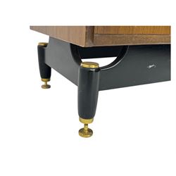 G-Plan teak tallboy, seven drawer chest with brass loop handles, ebonise base with adjustable brass terminals