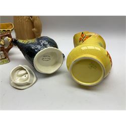 Assorted Ceramics: Burleigh Ware Parrot Jug, Sylvac Squirrel & Acorn Jug, Price Kensington ‘Ye Olde Cottage’ Teapot, Royal Winton ‘Rooster’ Teapot, Burleigh Ware Ceramic Basket with Wicker Handle. 