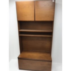  Mid century teak side cabinet, two cupboard doors above two shelves, single fall front unit, W102cm, H204cm, D49cm  