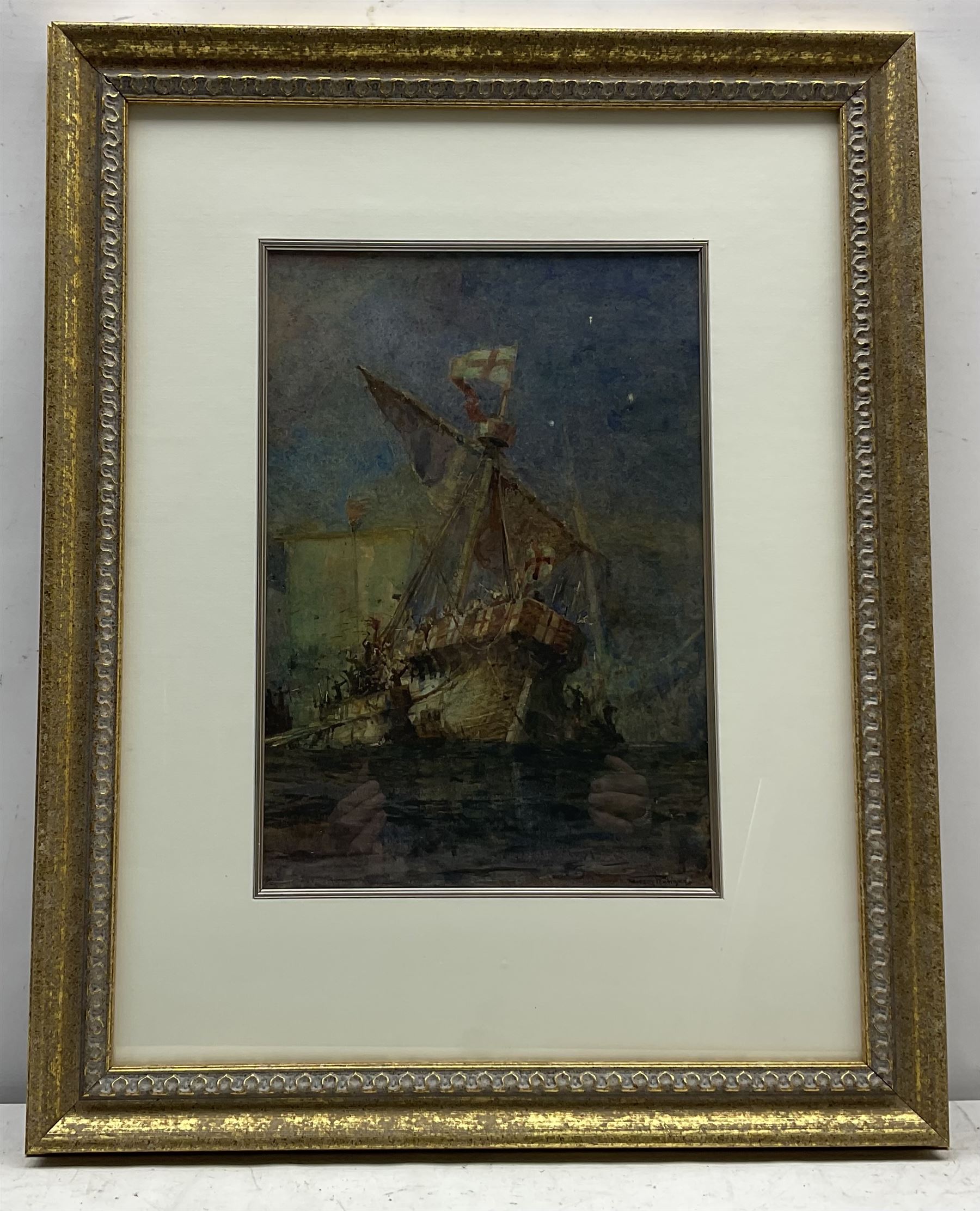 Gregory Robinson (British 1907-1934): 'The Sinking of the Chistopher', watercolour signed, inscription verso 'Presented to Frank Whiteley Mayor of Mafeking' 35cm x 24cm
Provenance: Frank Whiteley born in 1856 was formerly in the ivory and ostrich feather trade, and a member of the firm of Whiteley, Walker, and Company, of Mafeking, Bulawayo, Palapye, etc. Some years President of Mafeking Chamber of Commerce. Mayor of Mafeking during siege, 1899- 1900 (despatches, Companion of St. Michael and St. George).