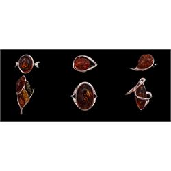 Six silver Baltic amber rings, all stamped 925