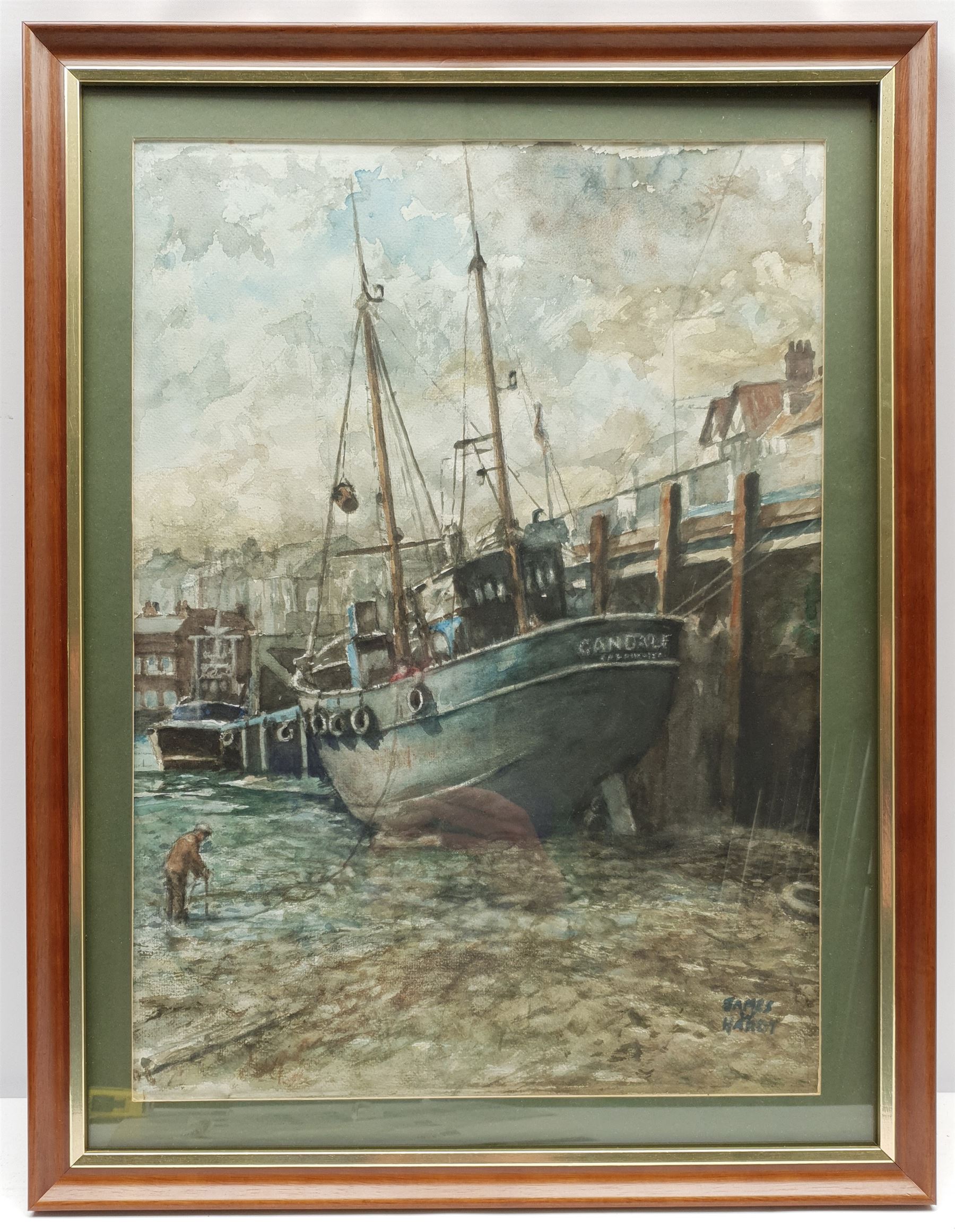 James W Hardy (British 20th century): Trawler 'Gandale' Moored in Scarborough Harbour, watercolour signed 47cm x 33cm