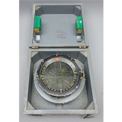 Aviation compass Type PII No.1112/B/53, grey japanned sprung case with plaque No.6B/1672, black bezel in grey painted box with stencilled details, Examined 1952, D13cm, case 18cm x 12cm:  