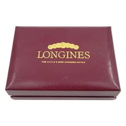 Longines gentleman's 14ct gold tank wristwatch, Cal 22L, serial No. 7593519, case No. 811582, the rectangular silvered dial with diamond set hour markers and subsidereary seconds dial, stamped 14K, on tan leather strap with original buckle, boxed