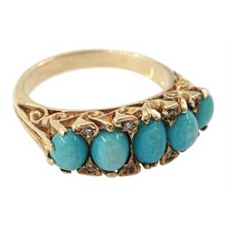 Gold five stone turquoise ring, with eight diamond chip accents set between, stamped 9ct