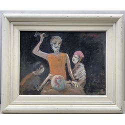 Paul W Ozere (Cornish 20th century):  Adam and Eve, Bathers, View Towards the City, Breaking the Bank, Beneath the Wave and Watcher, six oils on canvas signed max 39cm x 39cm (6)