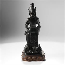 Japanese early 20th century bronze figure of Miroku Bosatsu, on naturalistic hardwood base, H31cm