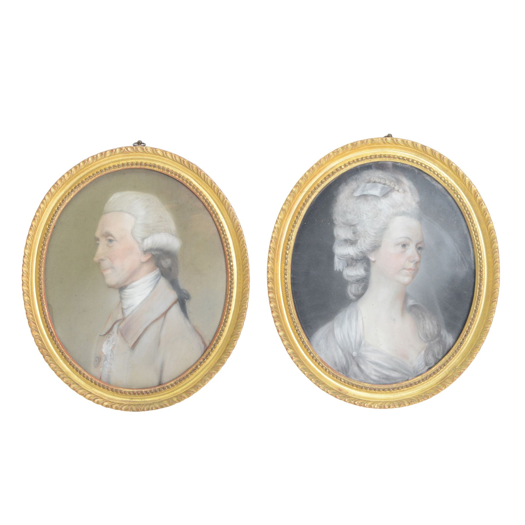 English School (Late 18th century): 
Henry Chichester (1724–1799) of Northcote, Devon, and Northover, Somerset and his second wife, Elizabeth Elizabeth Chichester (née Prideaux, 1732–1794), daughter of Sir John Prideaux, 6th Baronet,
Pair of pastel portraits 
Oval
Gilt framed
Named verso
30.5cm x 25cm

The Chichesters were an established Devonshire family whose ancestral seat at Northcote, near East Down formed the foundation for their prominence in North Devon. Through inheritance, Henry Chichester also acquired the Northover estate in Somerset, following the extinction of the Hody male line, whilst also retaining his Northcote property. Henry and Elizabeth’s marriage united two distinguished local families, the Chichesters and the Prideauxs of Netherton. Over the centuries, the Chichesters amassed a notable collection of art, furnishings, and manuscripts, reflecting their cultural interests and status. Their descendants later inherited and established the Arlington Court estate, which remained the family seat for over 300 years until it was entrusted to the National Trust in the 20th century.

Provenance: By family descent from the Chichesters of Arlington Court, Devon; from the collection of Andrew Chichester Everitt.
