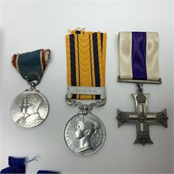 Imperial Service Medal awarded to James Roscow; four coronation medals for Edward VII, George VI and two Elizabeth II (both boxed); George V silver jubilee miniature; and two replica medals - Military Cross and Victoria South Africa 1877-8-9 (8)