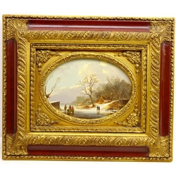  Dutch Scene with Figures Skating, 20th century oval oil on panel unsigned 23cm x 33cm in ornate gilt frame   
