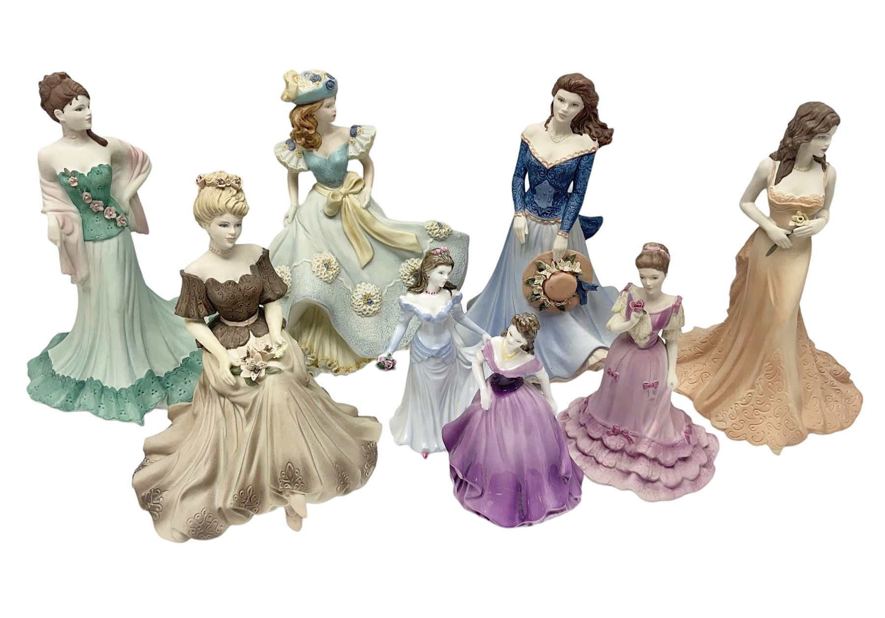 Eight Coalport figures of ladies, comprising five Age of Elegance examples to include Richmond Park, Summer Saunter and Touch of Spring, together with Beau Monde Isobel 1998, Valentine Debutante Eternity and Devotion