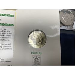 Mostly commemorative coins, including crowns, Queen Elizabeth II 2009 countdown to London 2012 five pound coin on card, 'The 2012 Diamond Jubilee' coin set in card folder, Cook Islands 2013 one dollar commemorating 'Coronation sixty years 1953 2013' etc