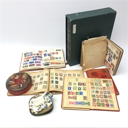  Large Stanley Gibbons 'Philatelic Album' containing South African stamps including various covers displaying postmark variants etc, various smaller albums containing Great British and World stamps including Queen Victoria penny black and two tins of loose stamps etc  