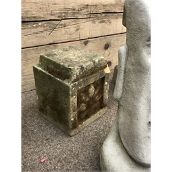 Collection of various stone and composite stone garden ornaments including; cat figure, stone two piece bird bath, Easter island head, tortoise etc.. (11)