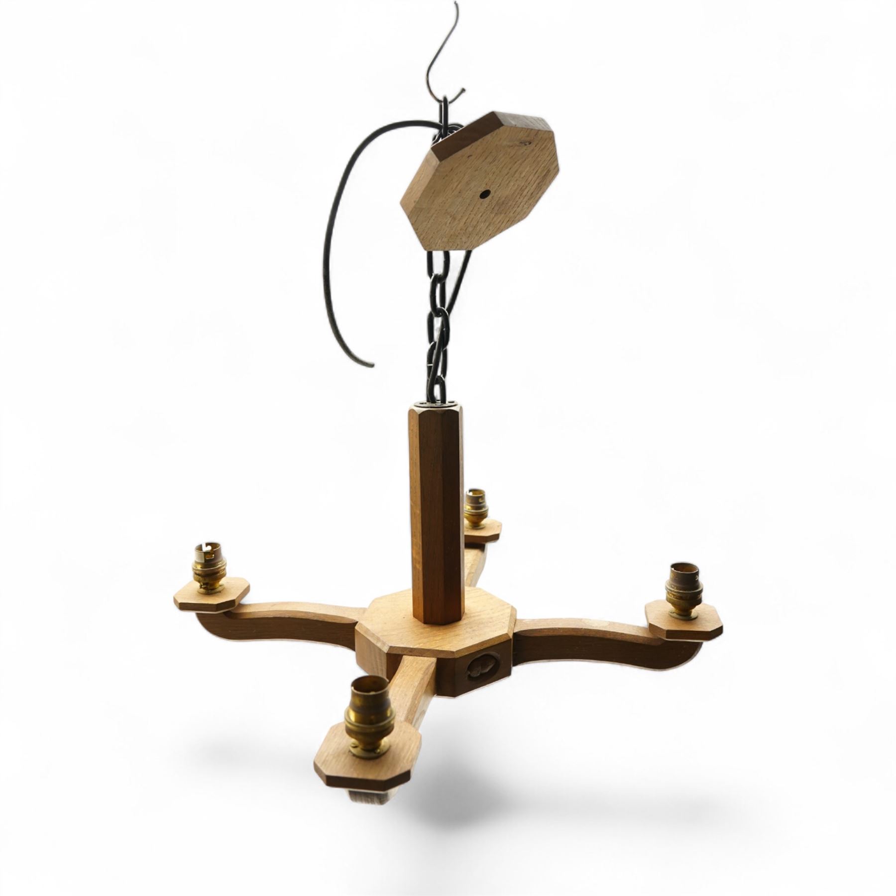 Acornman - oak four branch pendant light fitting, with carved acorn signature, by Alan Grainger of Brandsby, W49cm