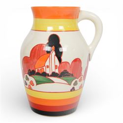 Wedgwood Bizarre by Clarice Cliff, Lotus Jug Farmhouse, hand painted based upon an original, limited edition 26/250, with certificate and box, H21cm 
