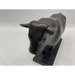 After Francois Pompon, composite bronzed Bull upon square plinth, H19cm L32cm