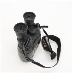 Canon 15x50 UD 4.5 degrees Image Stabilizer All Weather binoculars, serial no. 5000941B, in an Eagle Creek soft carry case