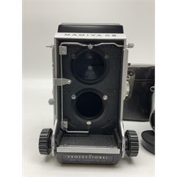 Mamiyaflex C3 TLR camera body, serial no. 2399634, with 'Mamiya Sekor 1:4.5 f=18cm' lens, serial no. 690864 and 736076
