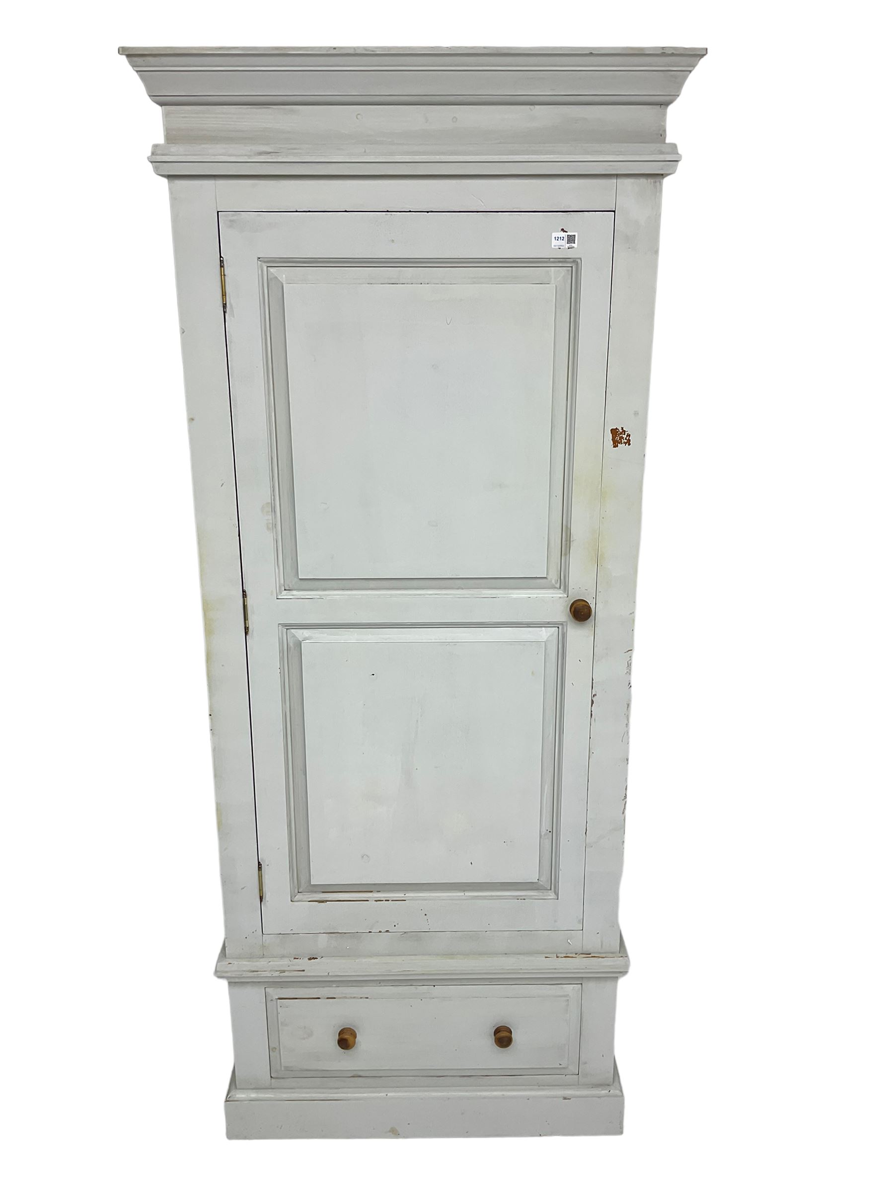 Painted pine single wardrobe, projecting cornice over panelled door, fitted with single drawer to base