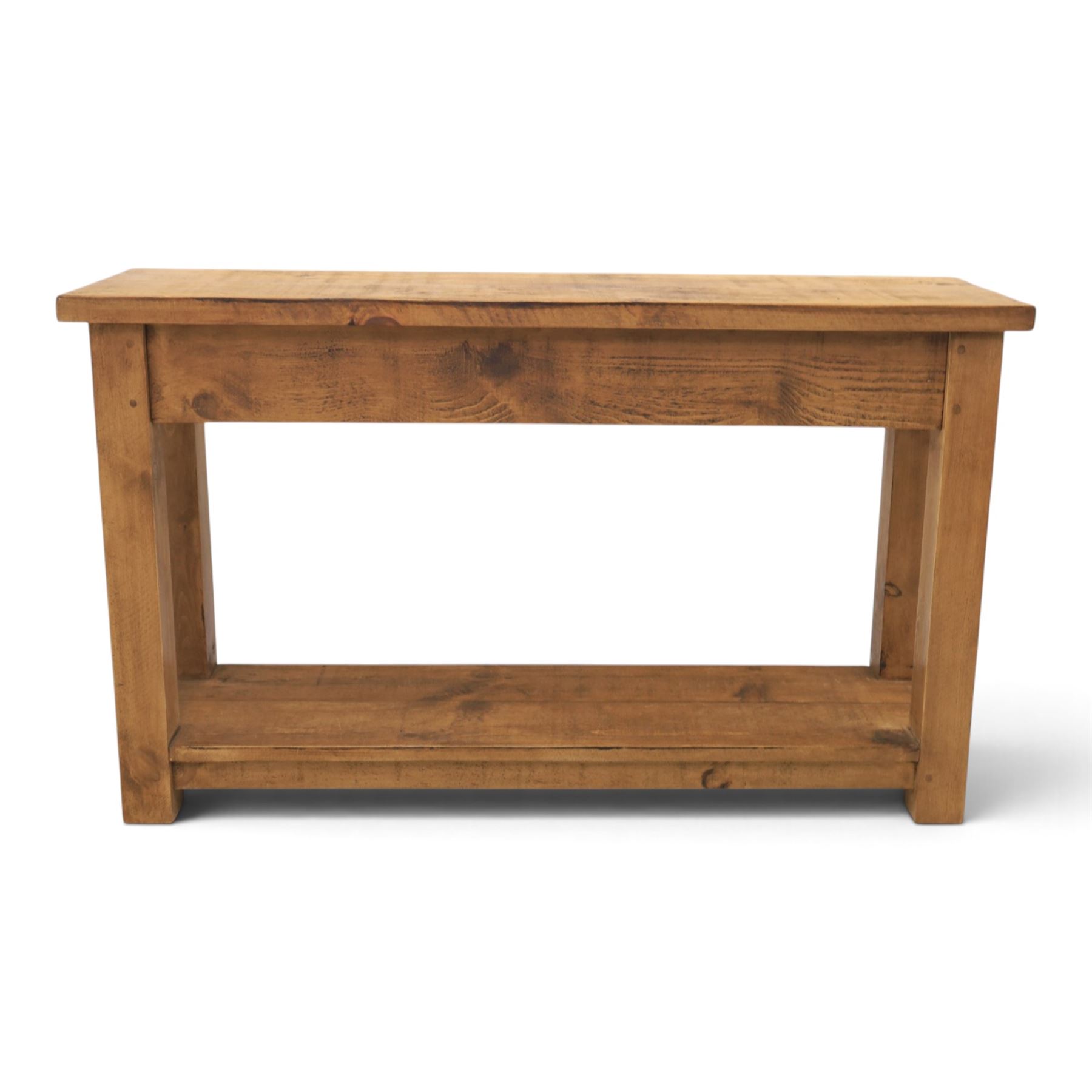 Indigo Furniture - rustic oak console table, two frieze drawers metal cup handles, stile supports with full length undertier