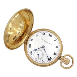 Early 20th century 9ct gold full hunter Swiss lever pocket watch by Rolex, white enamel dial with Roman numerals and subsidiary seconds dial, case by Dennison Watch Case Co, Birmingham 1929, retailed by Barraclough & Sons Lt, Leeds