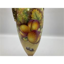 Mid/late 20th century Royal Worcester vase and cover decorated by Alan Telford, of slender ovoid form with scroll handles, and gilt cover, upon a gilt circular pedestal foot, the body hand painted with a still life of fruit upon a mossy ground, signed Telford, with black printed mark beneath and painted shape number 2710, H25cm