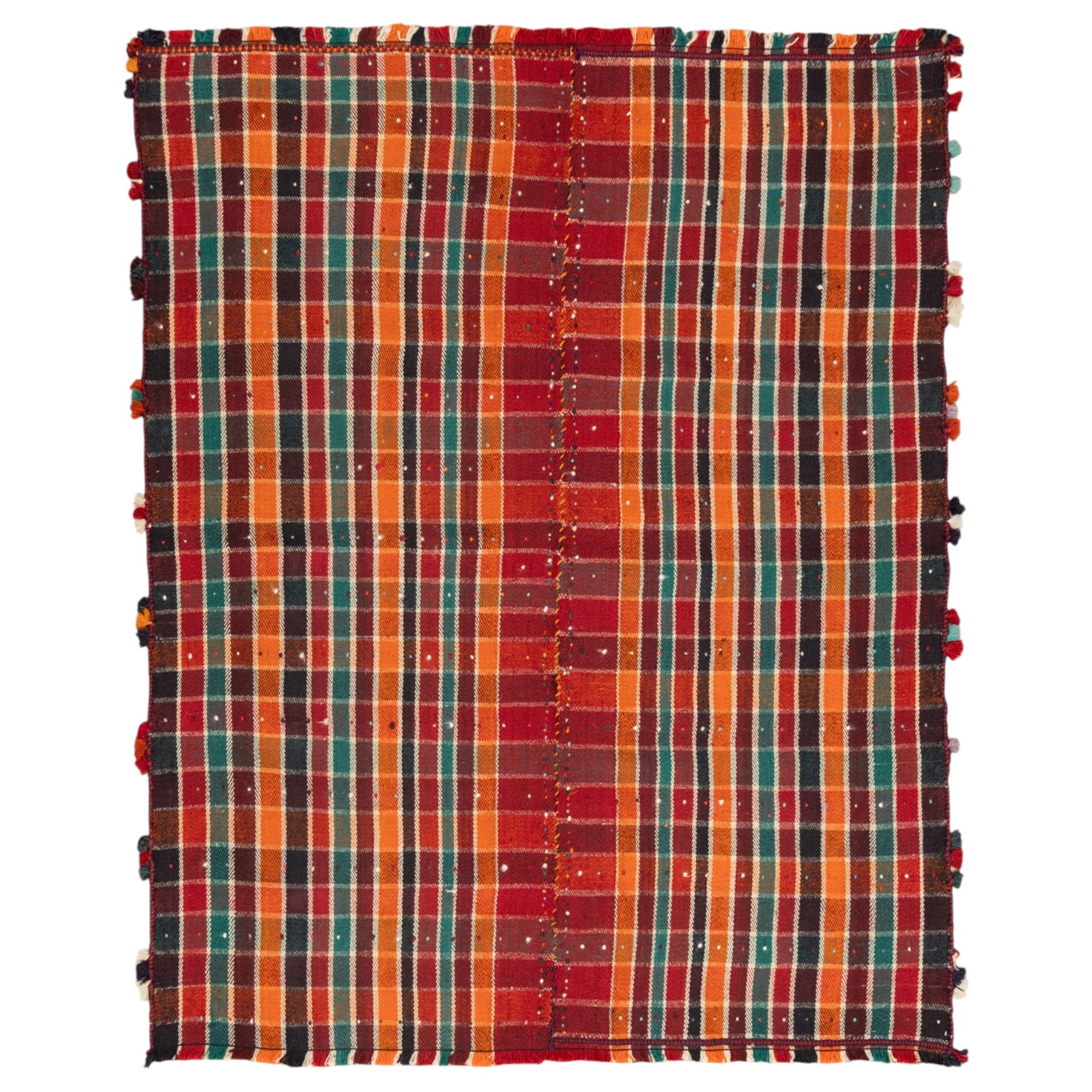 South West Persian Jajim kilim, formed from two joined flatwoven panels, patterned with intersecting stripes in red, orange, green, dark brown and ivory forming a checked design, scattered coloured dot motifs, multicoloured wool tassels along the sides